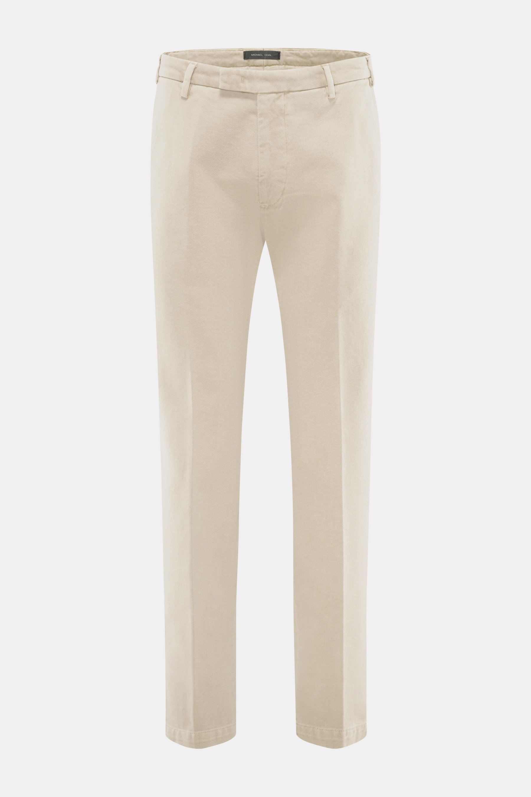 Front view of Michael Coal Cotton Pants Beige, twill made of cotton with soft touch, tapered fit, regular thigh width, ankle length, narrowing, zipper and waistband hook, extended button tab, French pockets, and back pockets with flap.