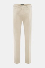 Front view of Michael Coal Cotton Pants Beige, twill made of cotton with soft touch, tapered fit, regular thigh width, ankle length, narrowing, zipper and waistband hook, extended button tab, French pockets, and back pockets with flap.