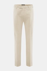 Front view of Michael Coal Cotton Pants Beige, twill made of cotton with soft touch, tapered fit, regular thigh width, ankle length, narrowing, zipper and waistband hook, extended button tab, French pockets, and back pockets with flap.