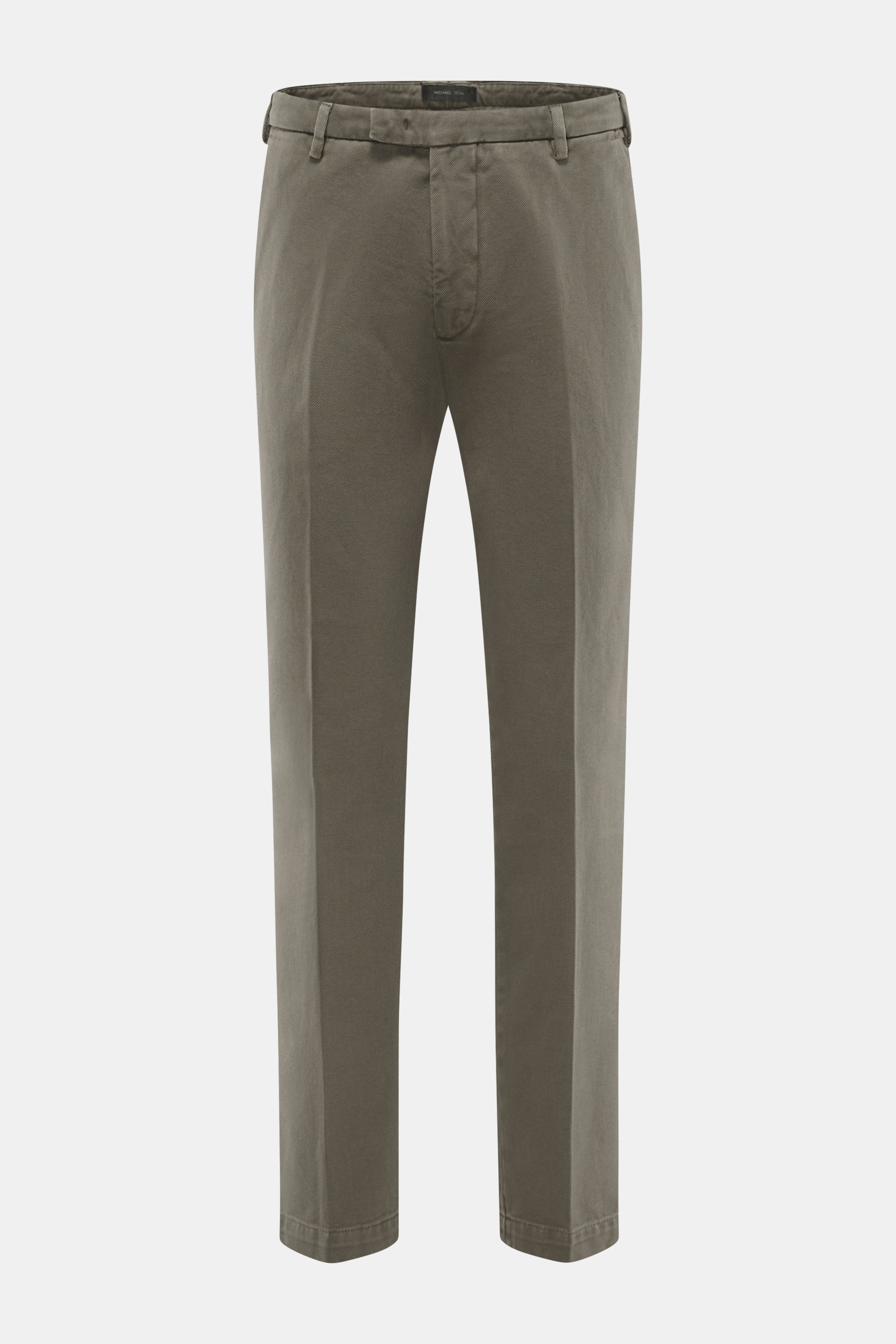 Front view of Michael Coal Cotton Pants grey green, twill made of cotton with soft touch, tapered fit, regular thigh width, ankle length, narrowing, zipper and waistband hook, extended button tab, French pockets, and back pockets with flap.