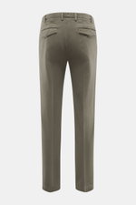 Michael Coal Cotton Pants grey green shown from the back, twill made of cotton, soft touch, tapered fit, regular thigh width, ankle length with narrowing, zipper and waistband hook, extended button tab, French pockets, back pockets with flap.