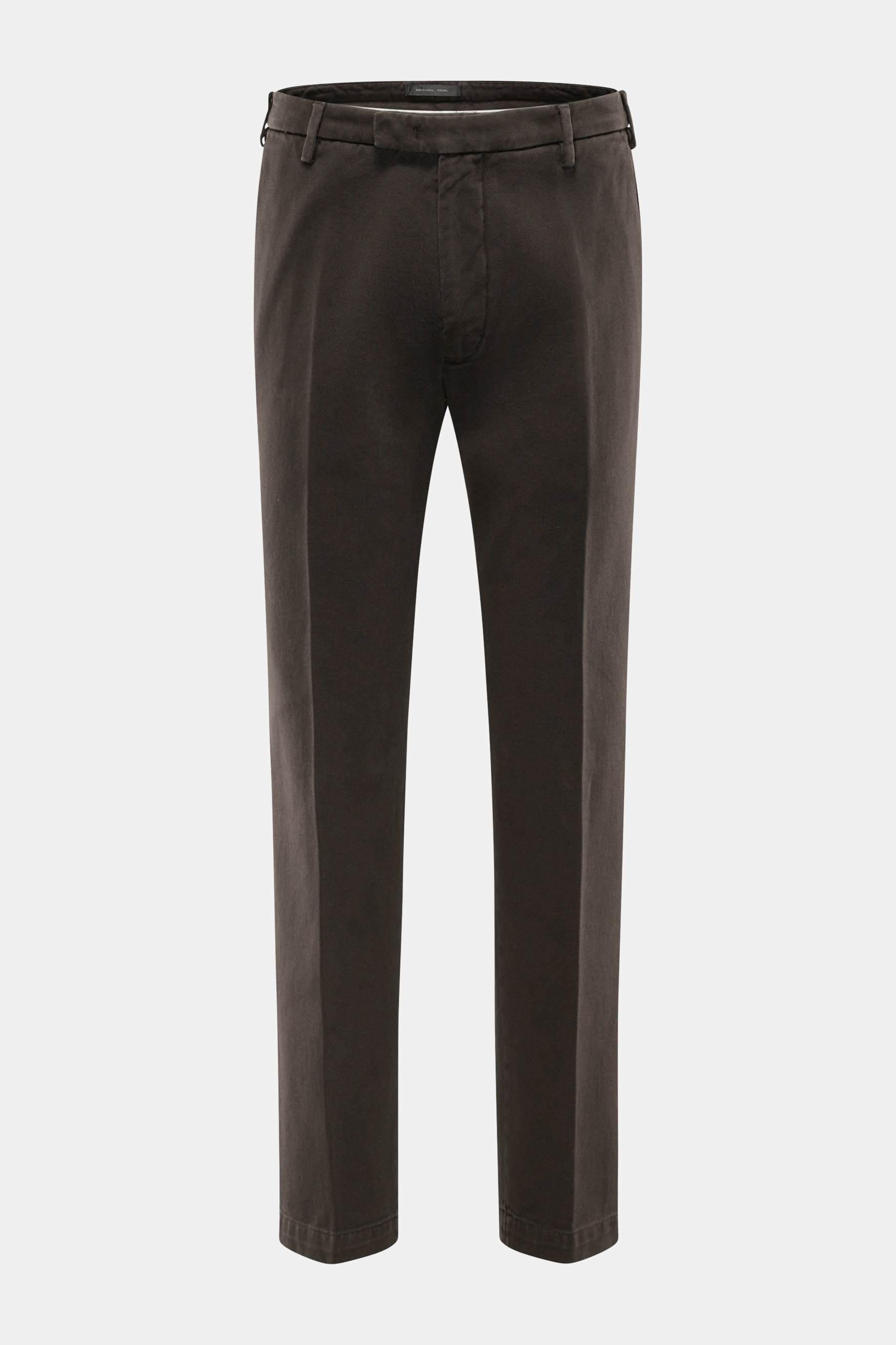 Front view of Michael Coal Cotton Pants dark brown, twill made of cotton with soft touch, tapered fit, regular thigh width, ankle length narrowing, zipper and waistband hook, extended button tab, French pockets, and back pockets with flap.