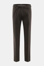 Front view of Michael Coal Cotton Pants dark brown, twill made of cotton with soft touch, tapered fit, regular thigh width, ankle length narrowing, zipper and waistband hook, extended button tab, French pockets, and back pockets with flap.