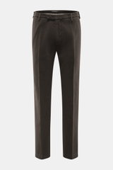 Front view of Michael Coal Cotton Pants dark brown, twill made of cotton with soft touch, tapered fit, regular thigh width, ankle length narrowing, zipper and waistband hook, extended button tab, French pockets, and back pockets with flap.
