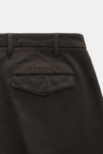 Michael Coal Cotton Pants dark brown close-up rear view showing twill cotton fabric, soft touch, tapered fit, regular thigh, ankle length, narrowing, zipper and waistband hook, extended button tab, French and back pockets with flap.