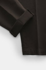 Michael Coal Cotton Pants dark brown shown from a close-up top-down angle, featuring twill cotton, soft touch, tapered fit, regular thigh width, ankle length with narrowing, zipper and waistband hook, extended button tab, French pockets, and back pockets 