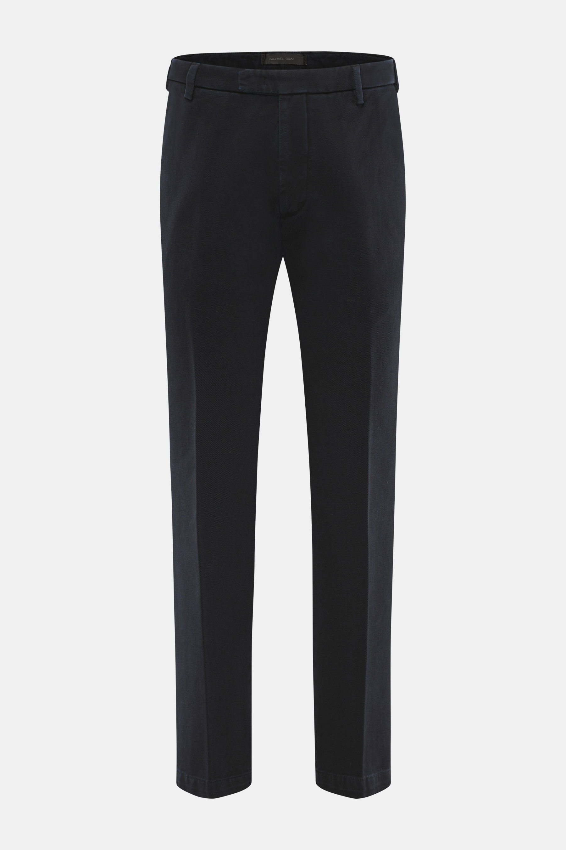 Front view of Michael Coal Cotton Pants navy, twill made of cotton with soft touch, tapered fit, regular thigh width, ankle length, narrowing, zipper and waistband hook, extended button tab, French pockets, and back pockets with flap.