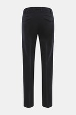 Back view of Michael Coal Cotton Pants navy in twill made of cotton with soft touch, tapered fit, regular thigh width, ankle length, narrowing, zipper and waistband hook, extended button tab, French pockets, and back pockets with flap.