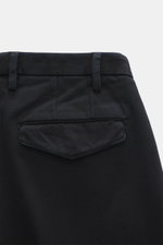 Close-up rear view of Michael Coal Cotton Pants navy, showing twill cotton fabric with soft touch, tapered fit, regular thigh width, ankle length narrowing, zipper and waistband hook, extended button tab, French pockets, and back pockets with flap.