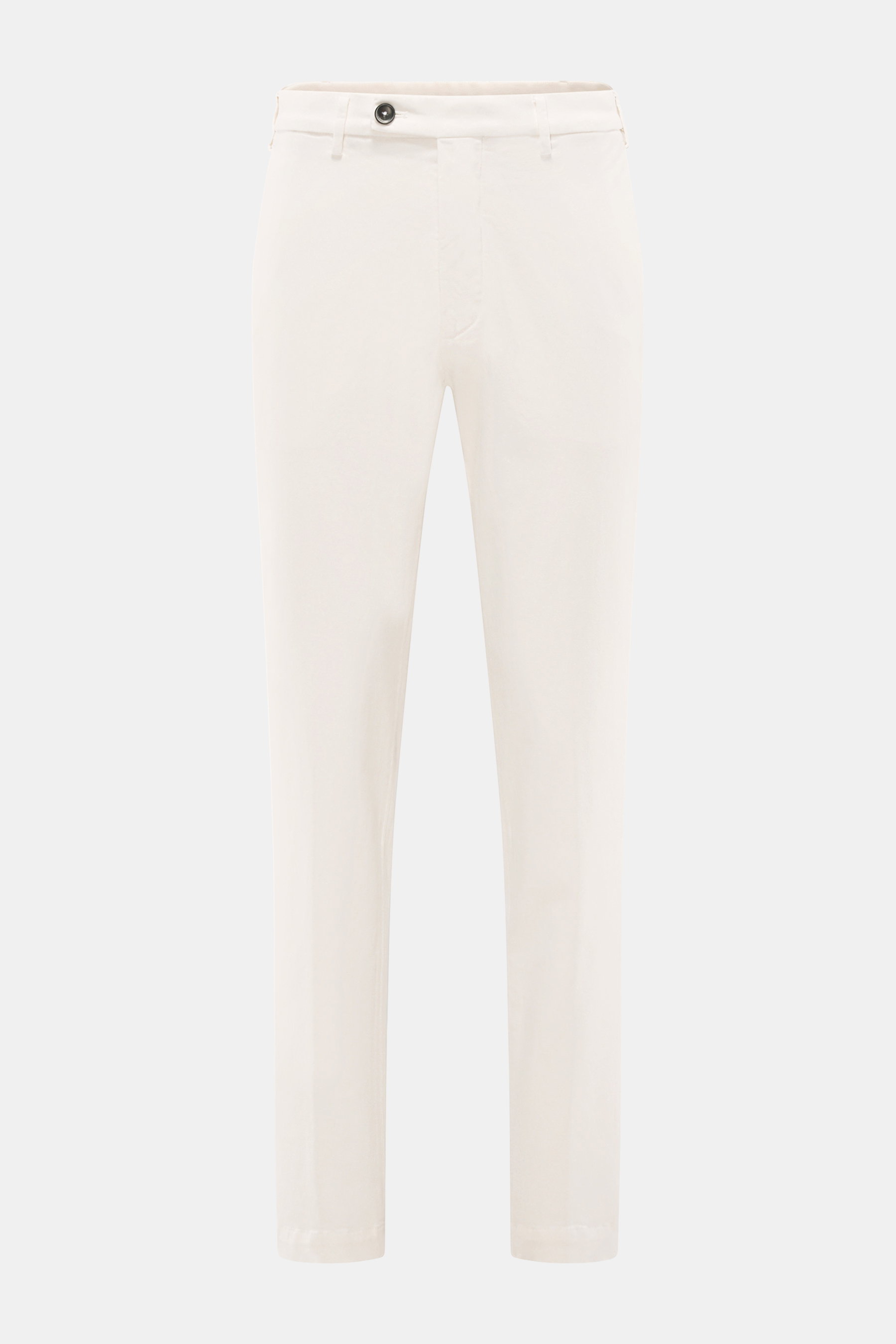 Michael Coal Baumwollhose creme, frontale Ansicht, Twill aus Baumwolle, elastisch, weicher Griff, Regular Fit, schmal zulaufend, Reißverschluss, Bundknopf, Knopfriegel, französische Taschen, paspelierte Gesäßtaschen.