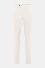 Front view of Michael Coal Cotton trousers cream, twill made of cotton, stretch quality, soft touch, regular fit, very tapered, with zipper and waistband button, extended button tab, French pockets, and piped back pockets.