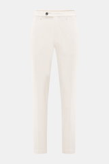 Front view of Michael Coal Cotton trousers cream, twill made of cotton, stretch quality, soft touch, regular fit, very tapered, with zipper and waistband button, extended button tab, French pockets, and piped back pockets.