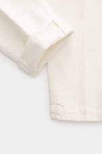 Michael Coal Cotton trousers cream shown from a close-up side view, twill made of cotton, stretch quality, soft touch, regular fit, very tapered, zipper and waistband button, extended button tab, French pockets, piped back pockets.