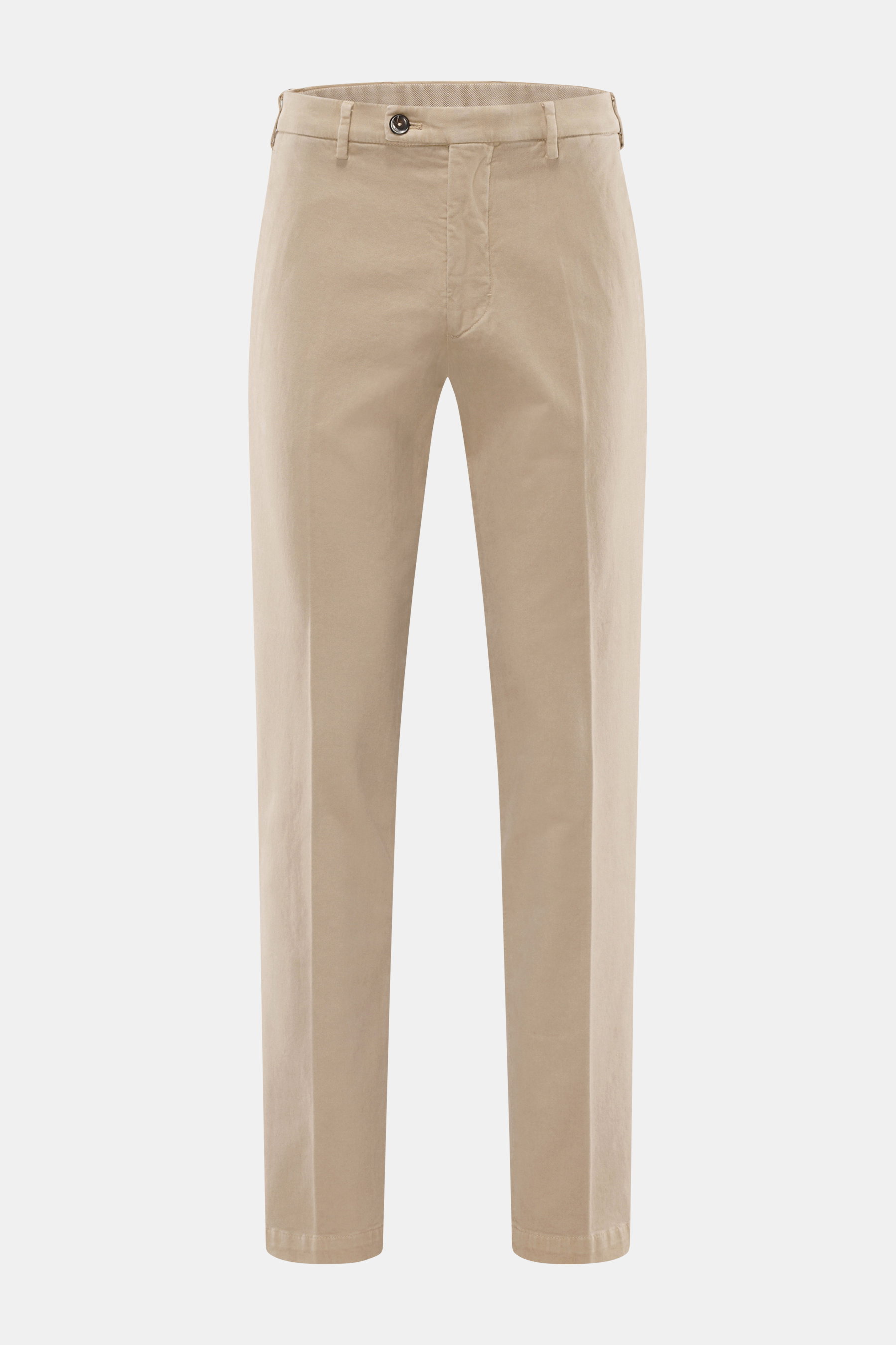 Michael Coal Baumwollhose beige, frontale Ansicht, Twill aus Baumwolle, elastische Qualität, weicher Griff, Regular Fit, sehr schmal zulaufend, Reißverschluss, Bundknopf, verlängerter Knopfriegel, französische Taschen, paspelierte Gesäßtaschen.