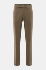 Front view of Michael Coal Cotton trousers olive, twill made of cotton, stretch quality, soft touch, regular fit, very tapered, with zipper, waistband button, extended button tab, French pockets, and piped back pockets.