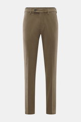 Front view of Michael Coal Cotton trousers olive, twill made of cotton, stretch quality, soft touch, regular fit, very tapered, with zipper, waistband button, extended button tab, French pockets, and piped back pockets.