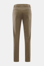 Michael Coal Cotton trousers olive shown from the back, twill made of cotton with stretch quality, soft touch, regular fit, very tapered, zipper and waistband button, extended button tab, French pockets, and piped back pockets.