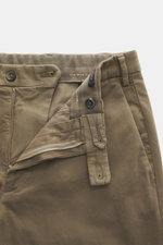 Michael Coal Cotton trousers olive shown from a top front close-up, twill cotton, stretch quality, soft touch, regular fit, very tapered, zipper and waistband button, extended button tab, French pockets, piped back pockets.
