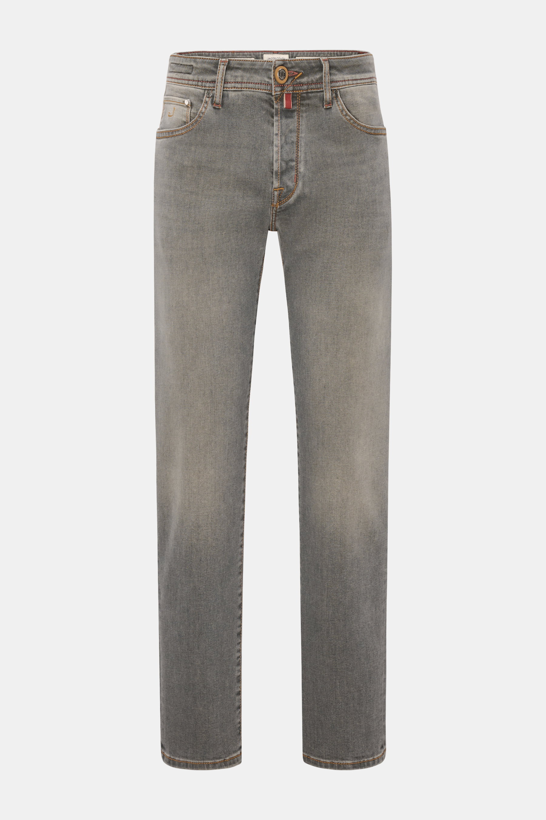 Frontansicht der Jacob Cohen Jeans 'Scott' grau, Slim Fit, knöchellang mit dezenter Used-Waschung, Baumwoll-Denim und Button Fly.