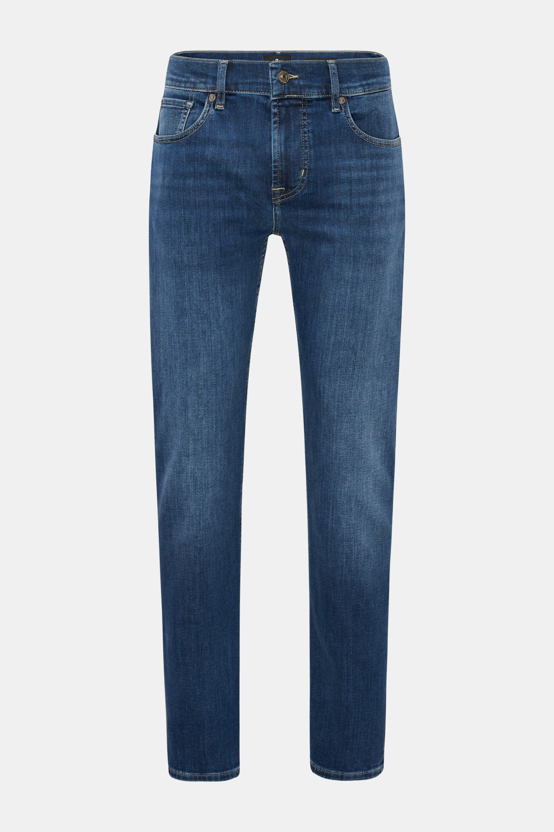 7 for all mankind Jeans 'Slimmy Tapered' graublau, frontale Ansicht, Slim Fit, Baumwolle und Microfaser, Used-Waschung, Five-Pocket, Zip Fly, schmal zulaufend, verkürzt.