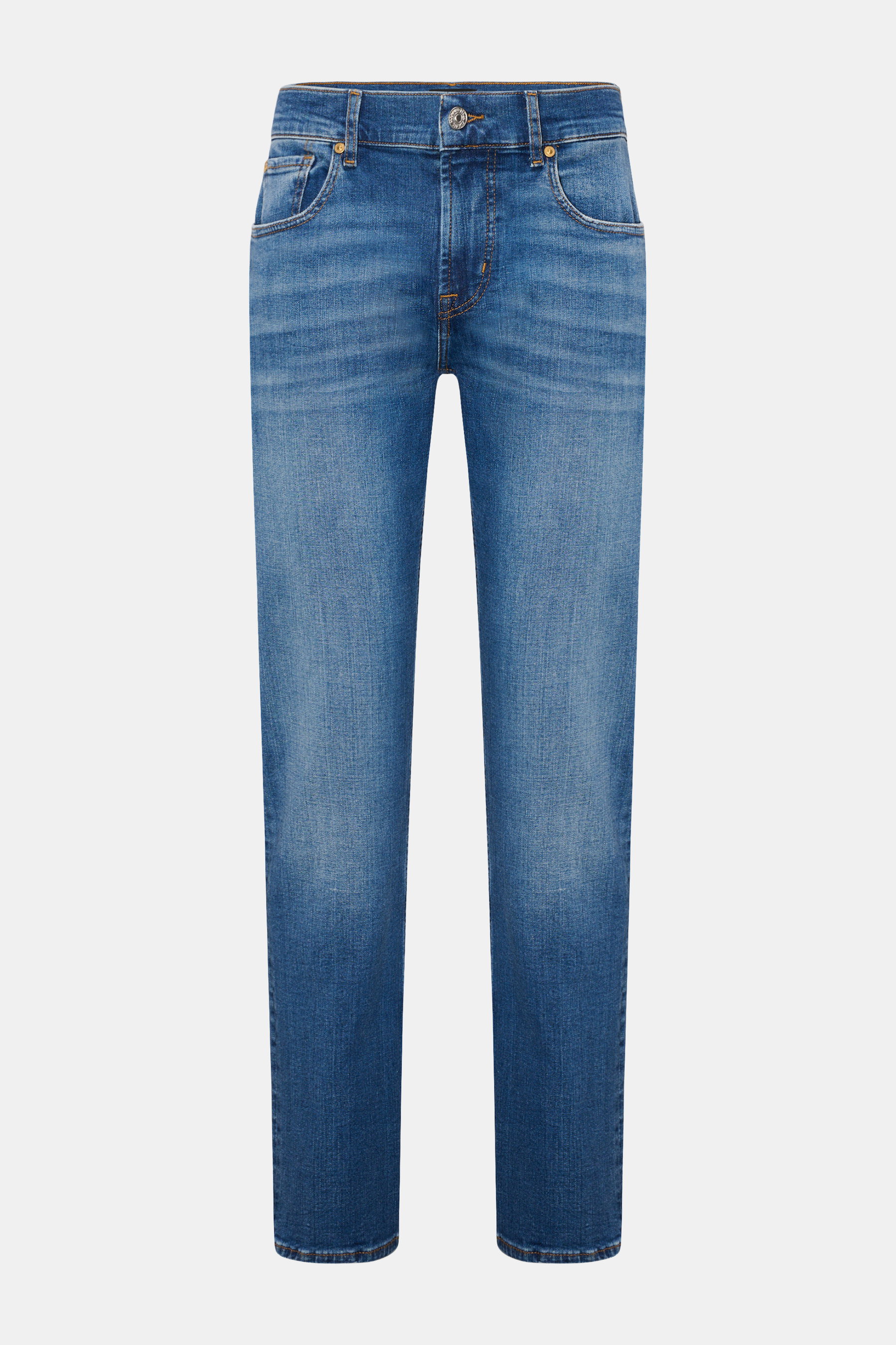 7 for all mankind Jeans 'Vernon' blau, frontal fotografiert, Denim aus Baumwolle, elastisch, weich, Slim Fit, Used-Waschung, Five-Pocket, Zip Fly, Gesäßtaschen mit Stitching, Weblabel.