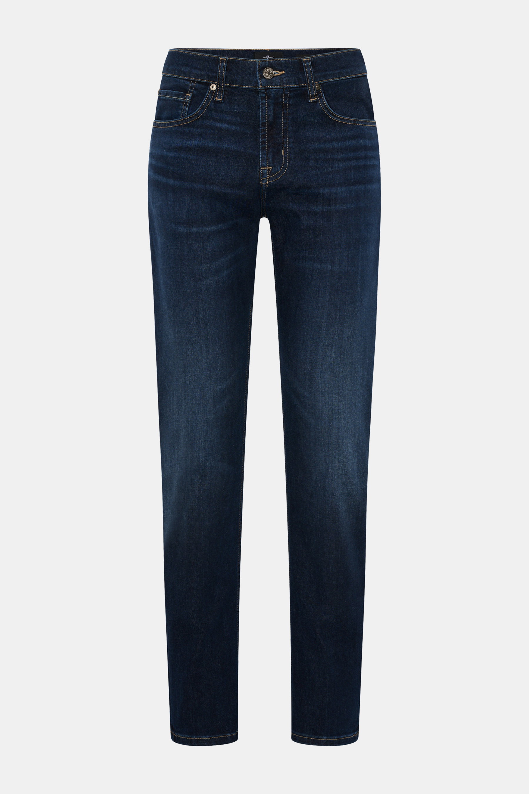 7 for all mankind Jeans 'Slimmy' navy, Frontansicht, Slim Fit, leichte Used-Waschung, Baumwolle/Microfaser, Stretch, Five-Pocket, Zip Fly, Weblabel.