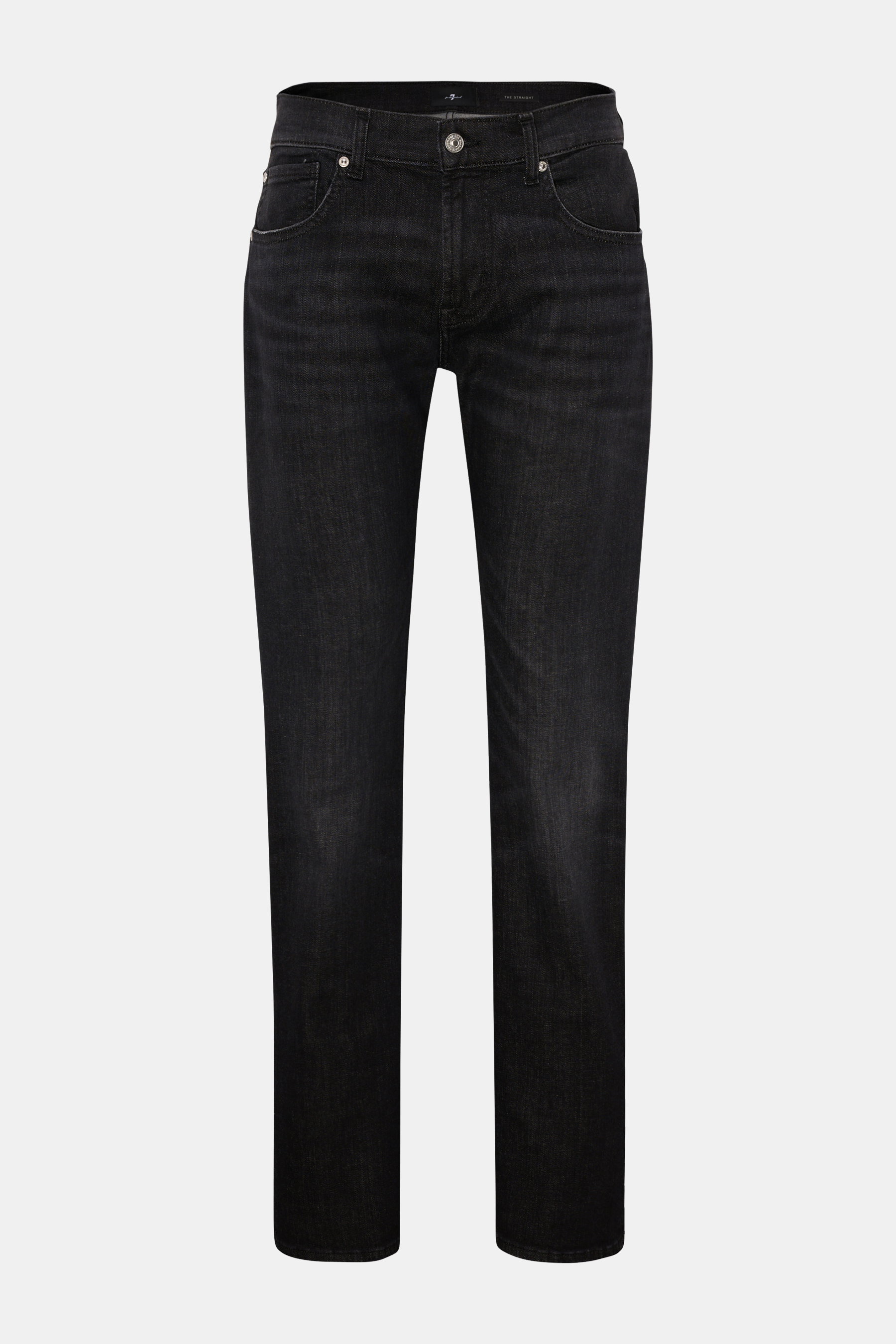 7 for all mankind Jeans 'The Straight' anthrazit, Frontansicht, Regular Fit mit hoher Bundhöhe, dezenter Used-Waschung, leichtem Stretch, Five-Pocket-Stil.