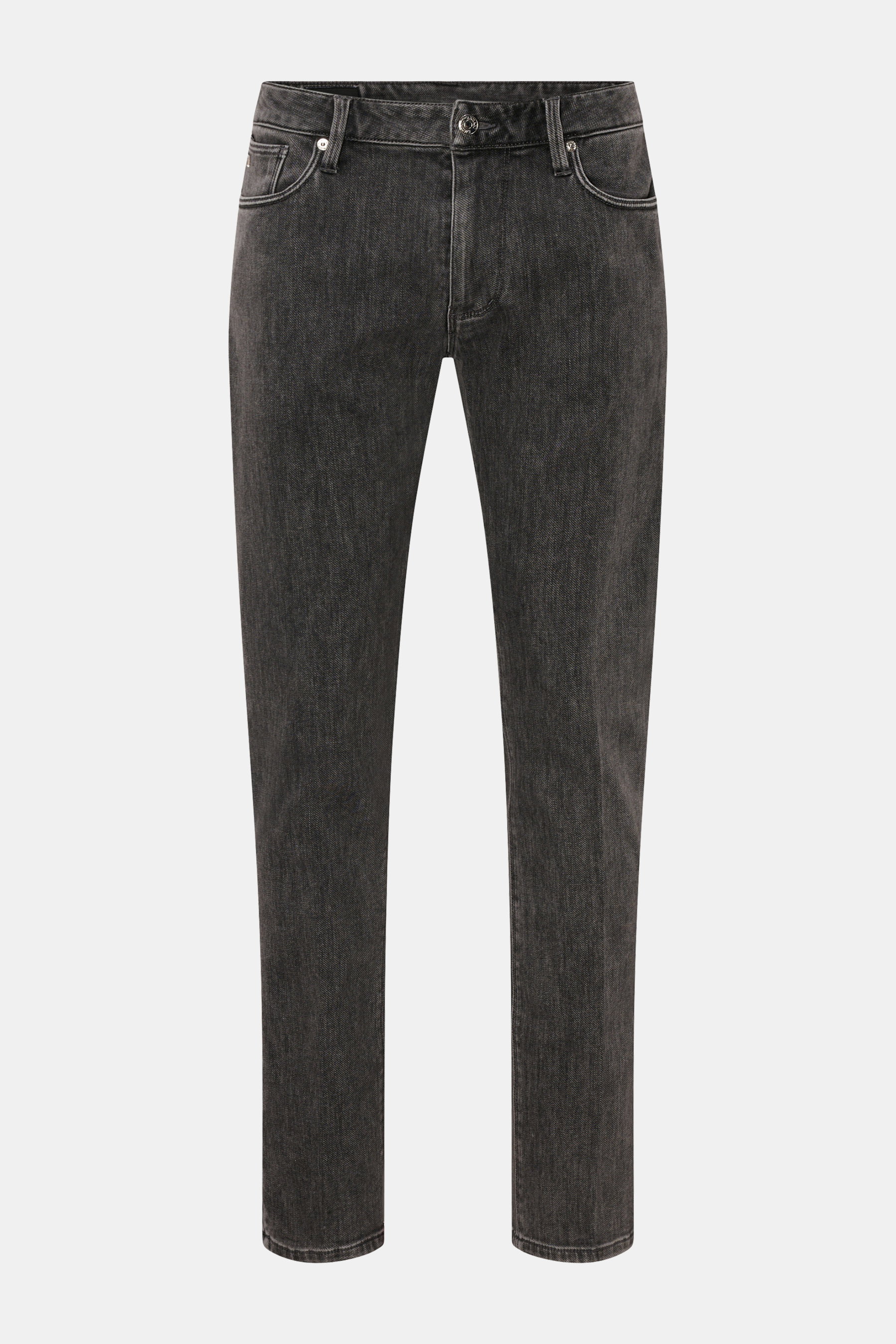 Emporio Armani Jeans dunkelgrau, Frontansicht, Regular Fit, Five-Pocket-Stil, Zip Fly, Metall-Logos, Leather Patch, Baumwoll-Microfaser-Mix, elastisch, weich, leicht schmal zulaufend.