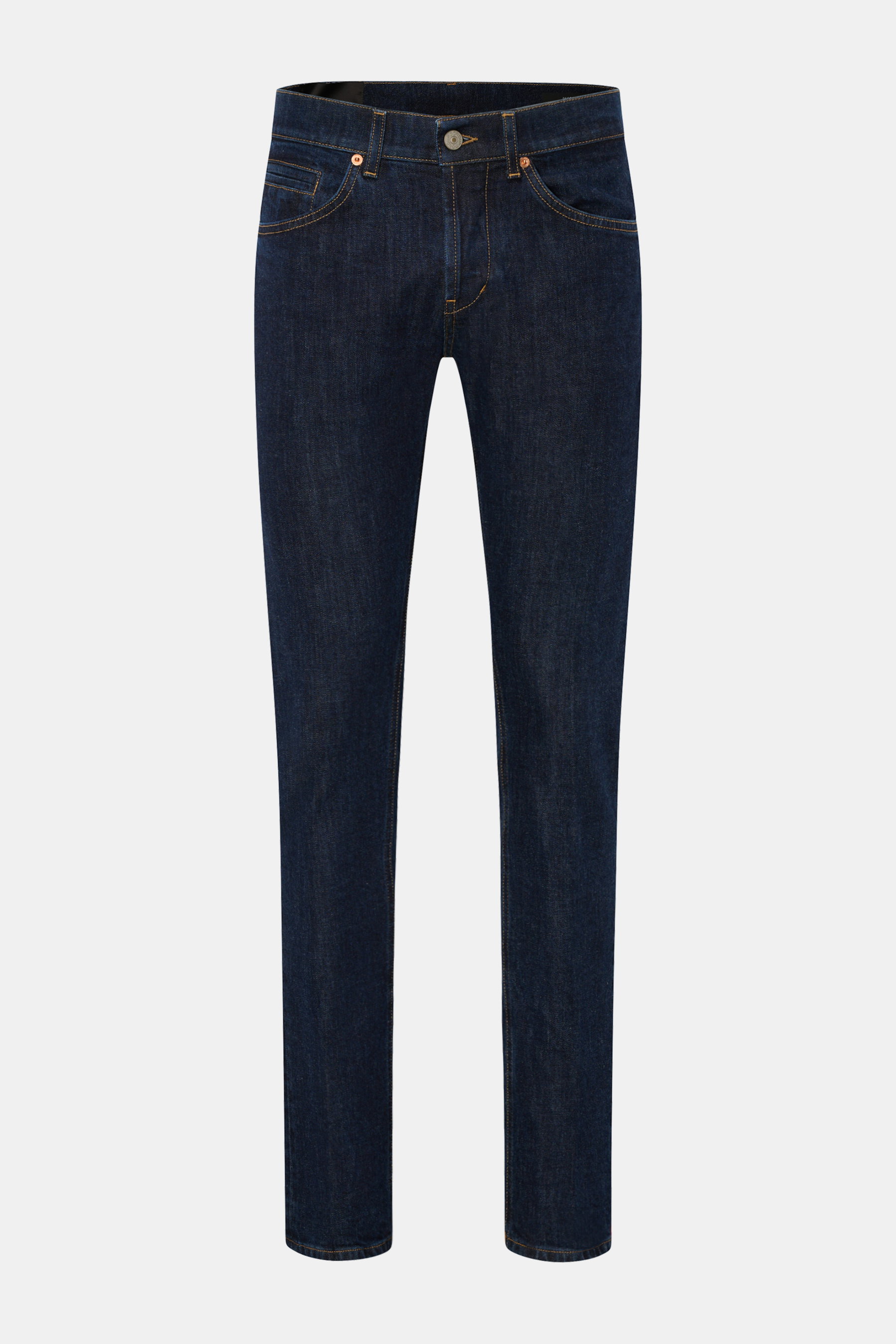Dondup Jeans 'George' navy, frontal fotografiert, aus Baumwolle Denim, elastisch, weich, Skinny Fit, schmal geschnittene Wade, niedrige Bundhöhe, Button Fly, Five-Pocket-Stil, paspelierte Münztasche, Gesäßtaschen mit Stitching, Metall-Initial, innenliegen