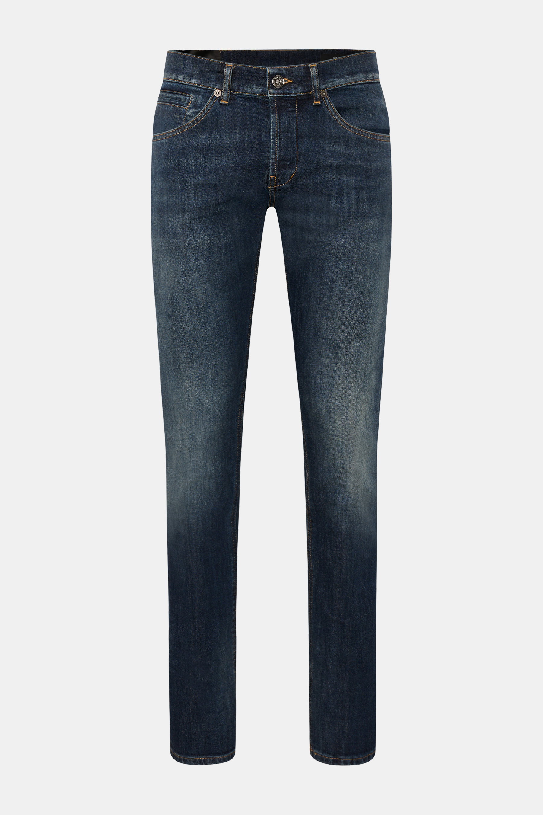 Dondup Jeans 'George' dunkelblau, Frontansicht, Denim aus Baumwolle, elastisch, weicher Griff, Skinny Fit, schmale Wade, niedrige Bundhöhe, Button Fly, Five-Pocket-Stil, Münztasche, Gesäßtaschen mit Stitching, Metall-Initial, innenliegendes Weblabel.