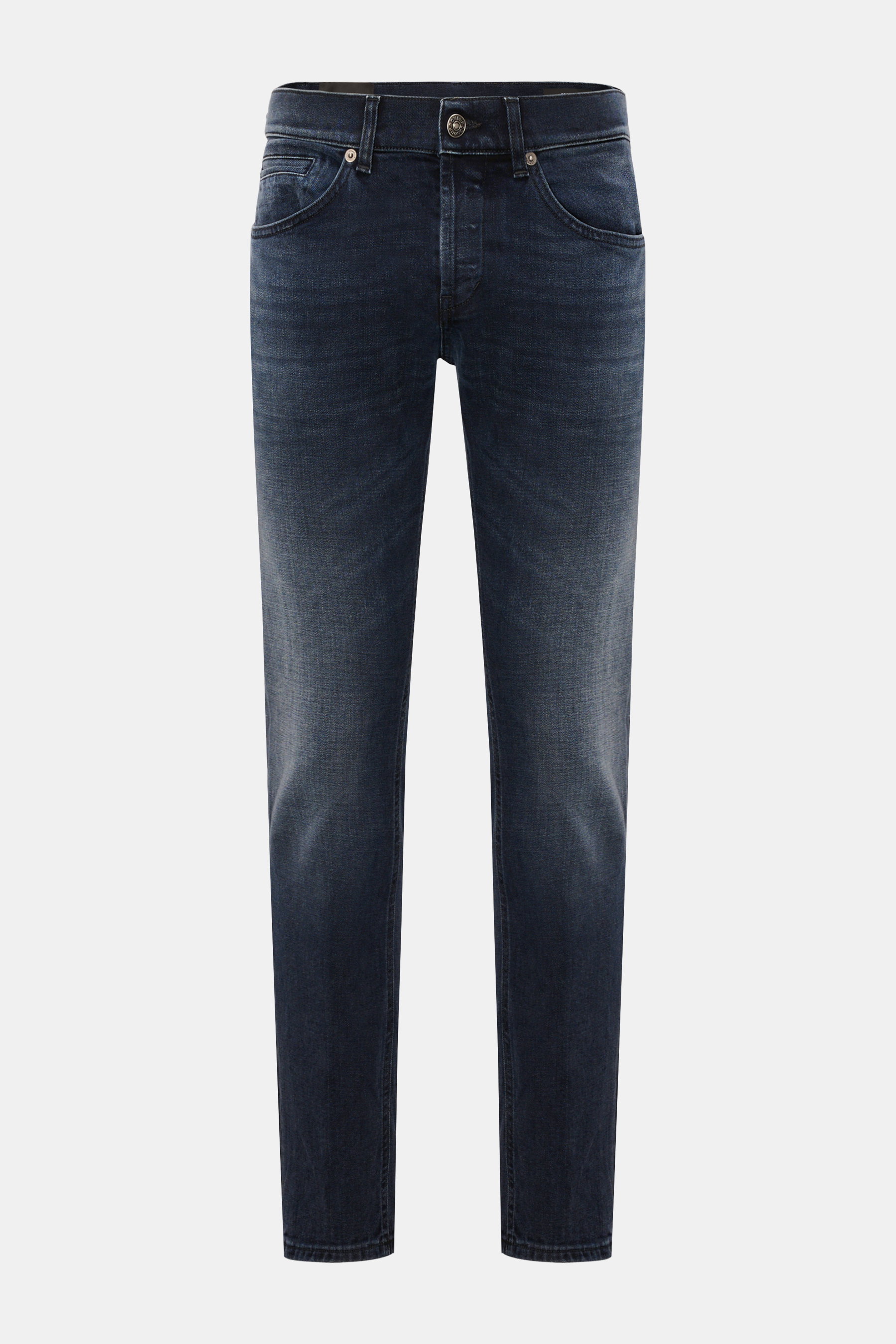 Dondup Jeans 'George' graublau, frontal fotografiert, Skinny Fit aus elastischem Baumwoll-Denim mit Button Fly, Five-Pocket-Stil, niedriger Bundhöhe.