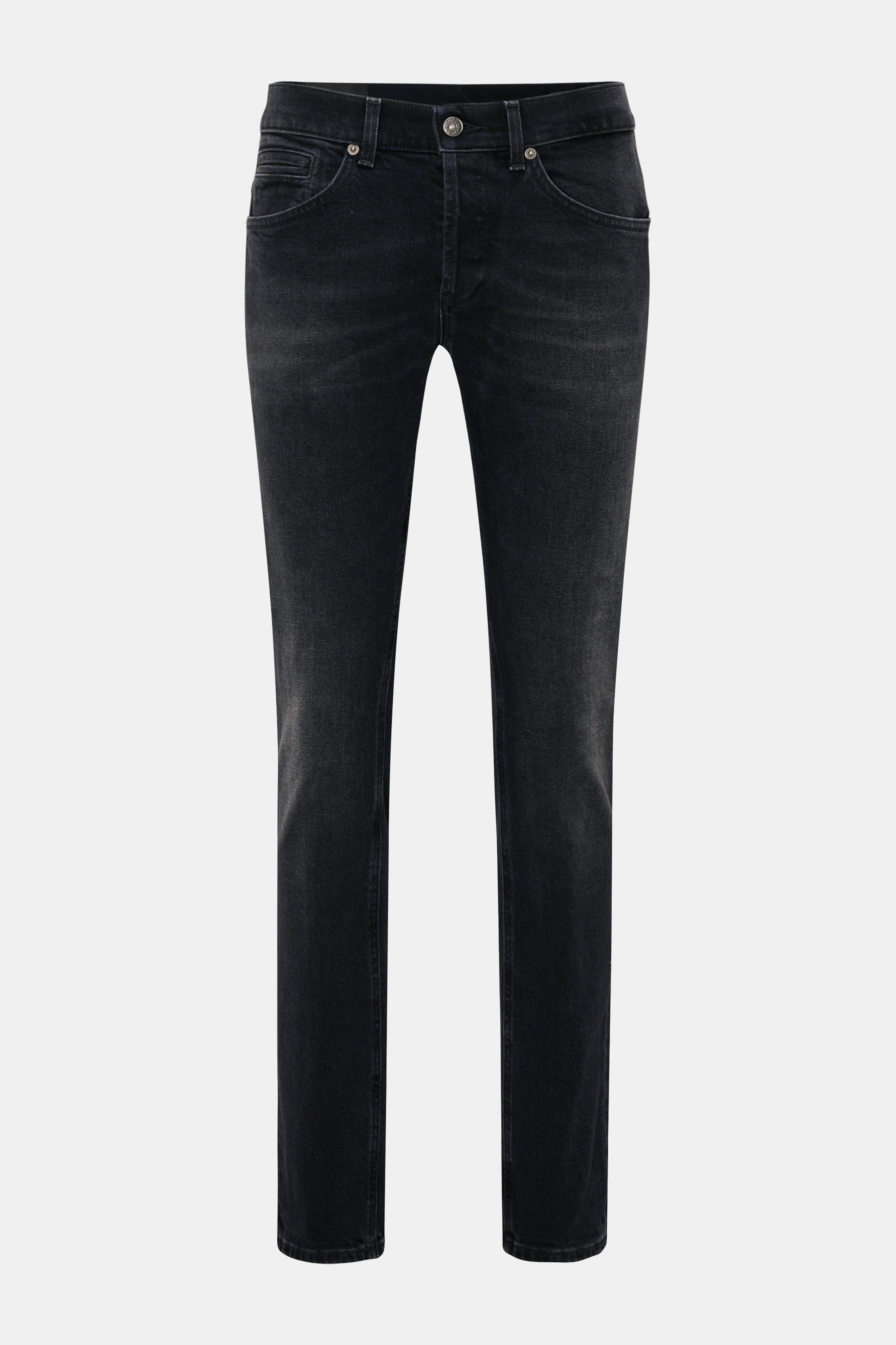 Dondup Jeans 'George' anthrazit, Frontansicht, Denim aus Baumwolle, leicht elastisch, Skinny Fit, schmal geschnittene Wade, niedrige Bundhöhe, Button Fly, Five-Pocket-Stil, Metall-Initial, Weblabel.