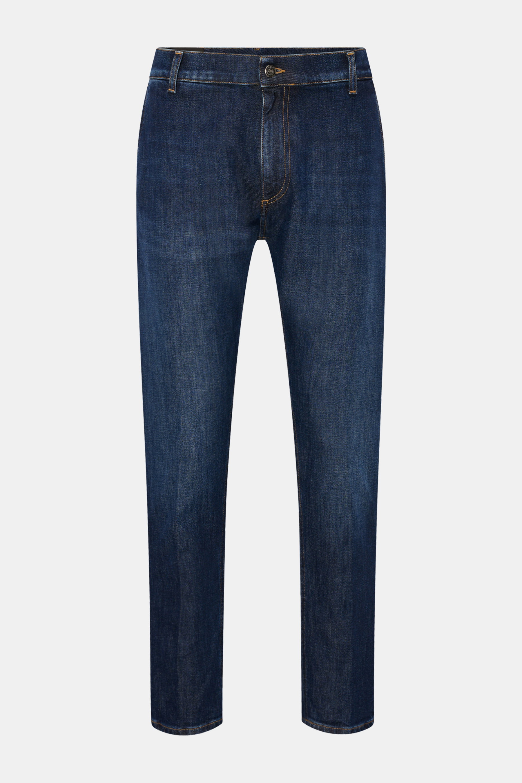 Dondup Jeans 'Jeff' navy, knöchellang im Carrot Fit, aus leicht elastischem Baumwoll-Denim, fotografiert von vorne mit Zip Fly, französischen Taschen, Gesäßtaschen mit Stitching, Metall-Initial und innenliegendem Weblabel.