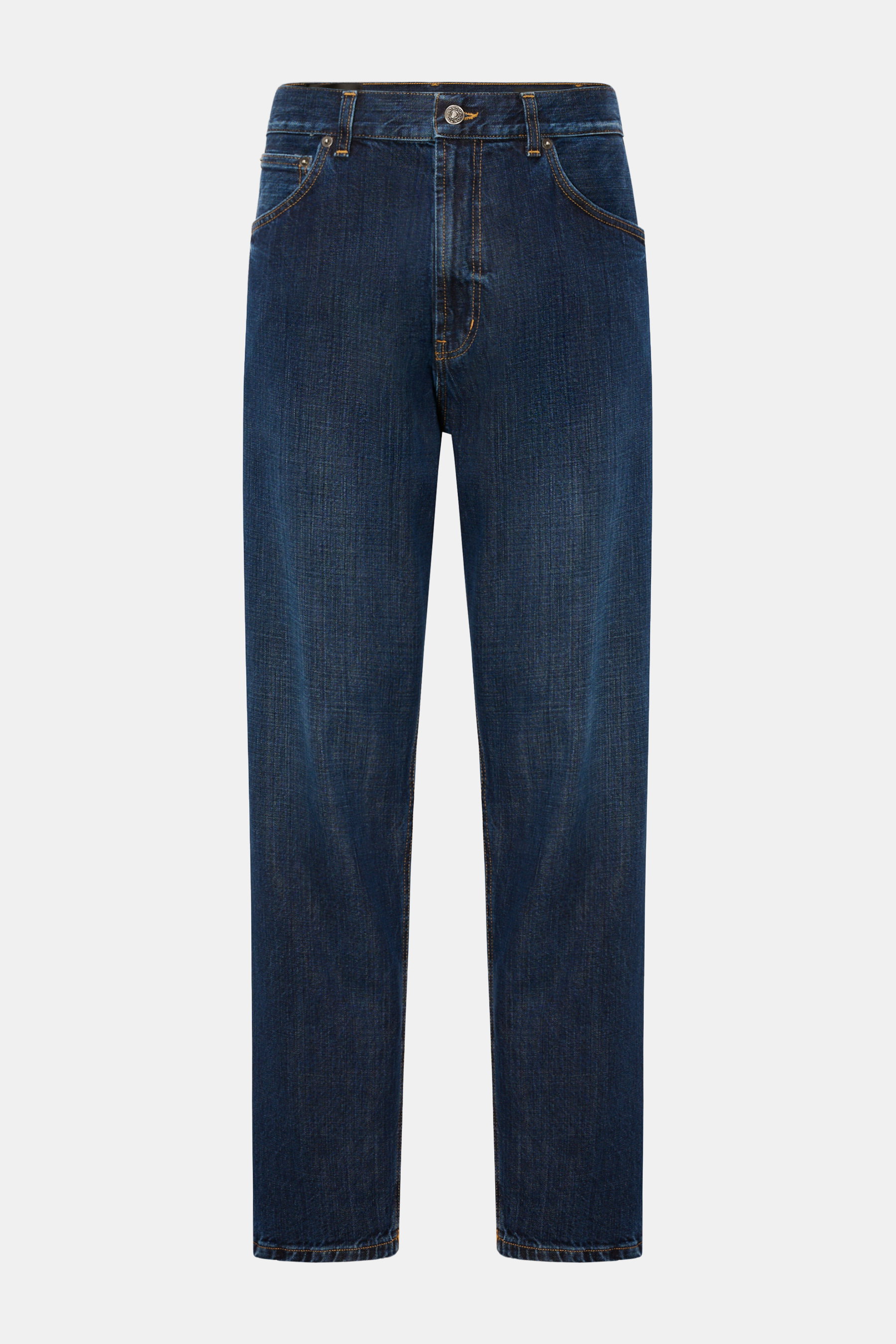 Dondup Jeans 'Paco' navy, Frontansicht, Denim aus reiner Baumwolle, leicht griffig, Tapered Fit, reguläre Oberschenkelweite, knöchellang, Zip Fly, Five-Pocket-Stil, Metall-Initial, innenliegendes Web-Patch.
