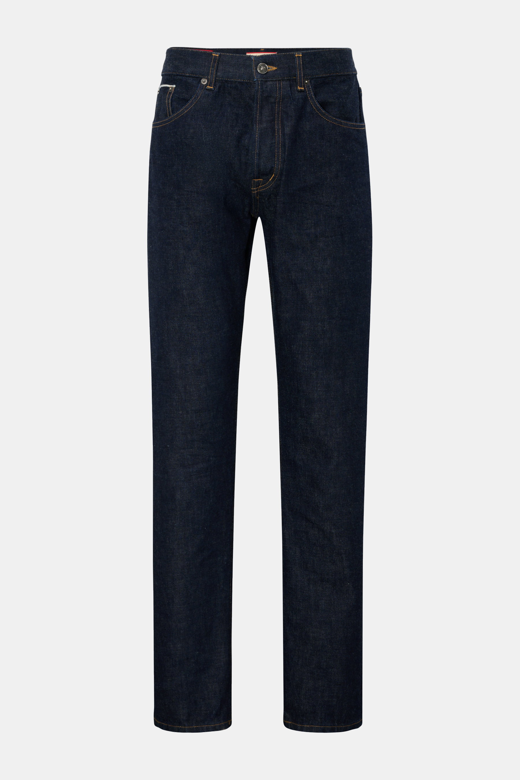 Dondup Jeans 'Bray' dark navy, frontale Ansicht, Denim aus reiner Baumwolle, Selvedge-Verarbeitung, Regular Fit, hohe Bundhöhe, Button Fly, Five-Pocket, gerader Schnitt, Metall-Initial, innenliegendes Weblabel, leicht griffige Haptik.
