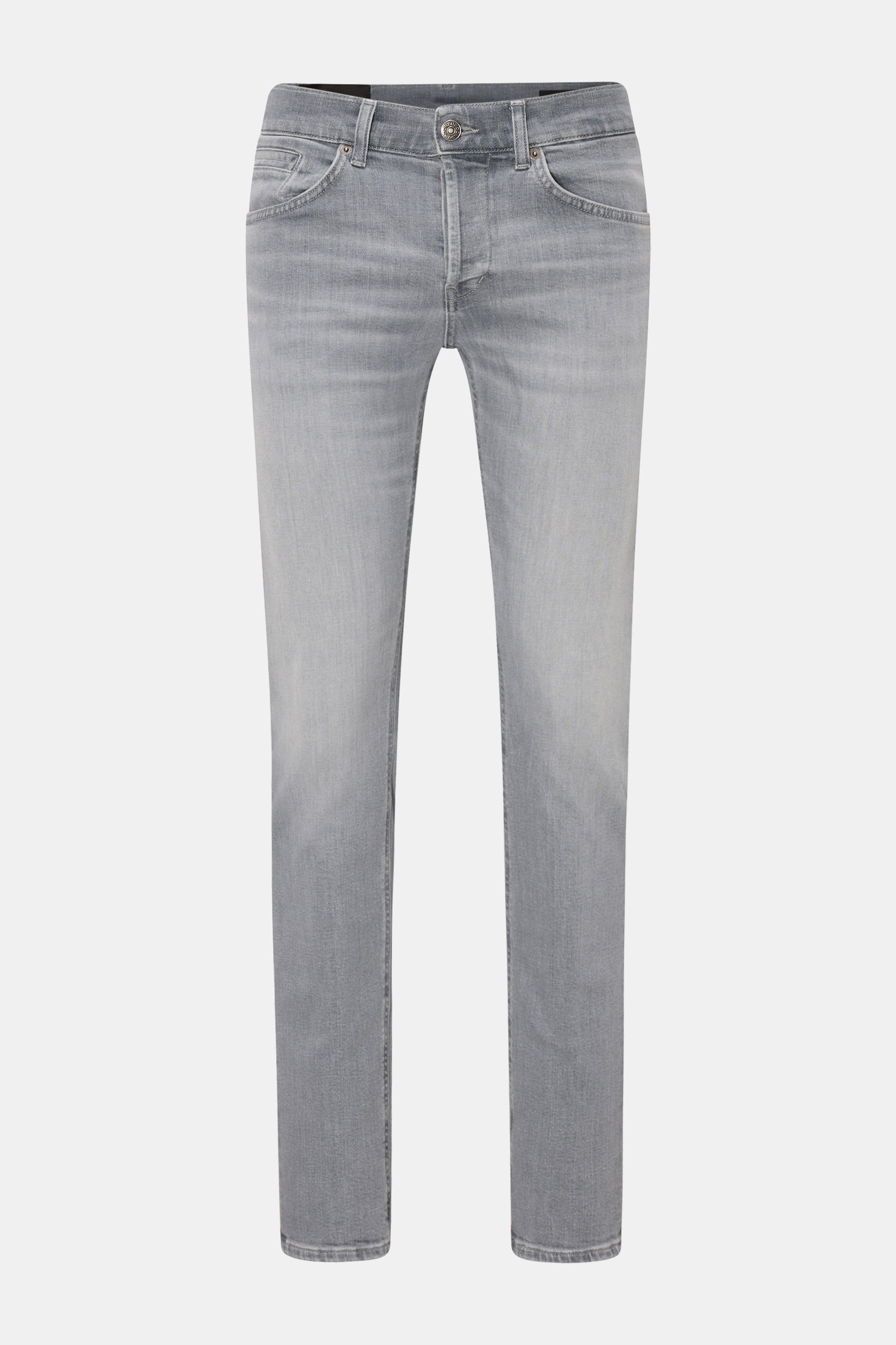 Dondup Jeans 'George' grau, frontal fotografiert, Denim aus Baumwolle, elastische Qualität, weicher Griff, Skinny Fit, schmal geschnittene Wade, Button Fly, Five-Pocket-Stil, paspelierte Münztasche, Gesäßtaschen mit Stitching, Metall-Initial, innenliegend