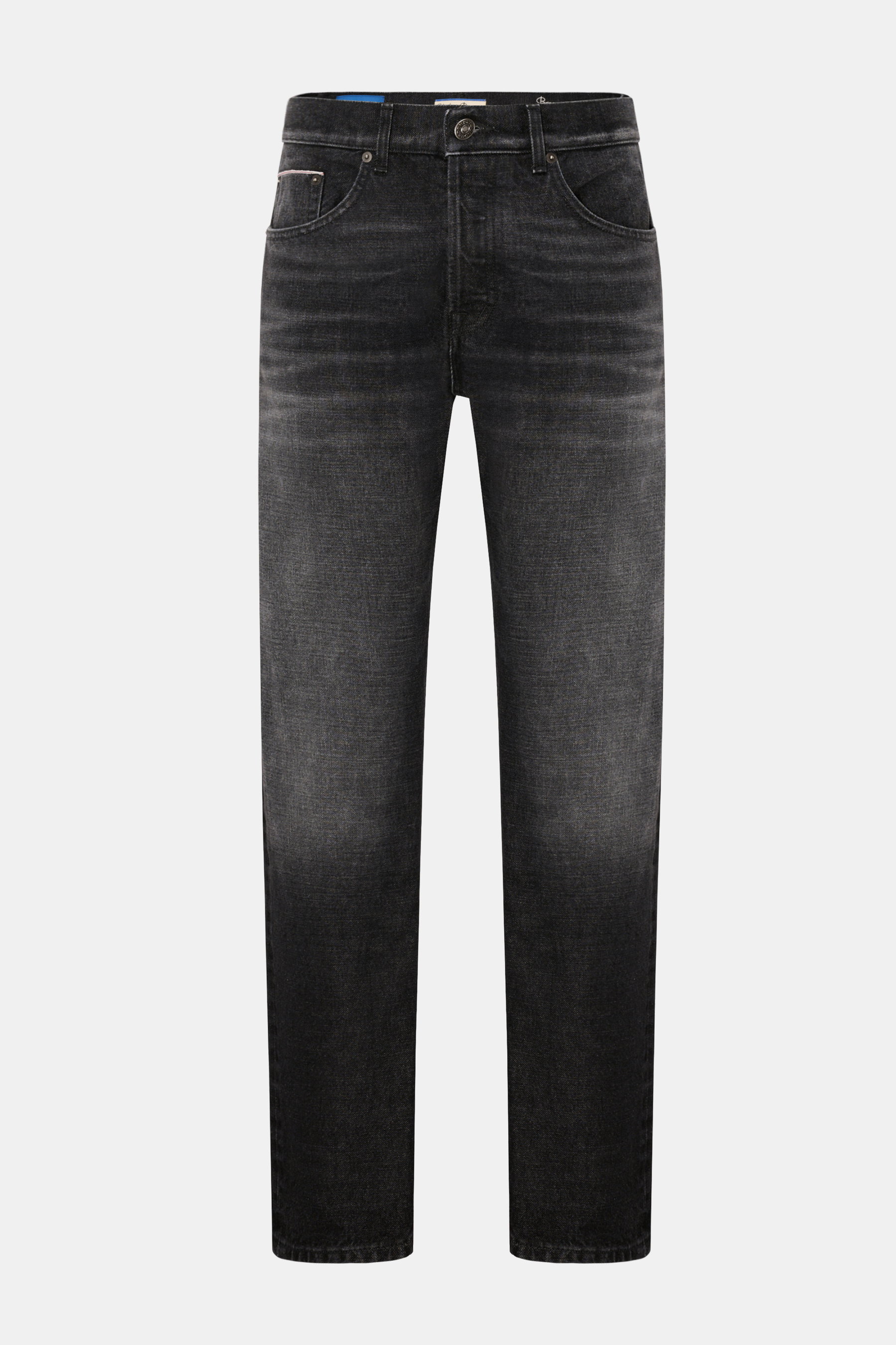 Dondup Jeans 'Bray' dunkelgrau in Frontansicht mit authentischer Used-Waschung, Regular Fit, Selvedge-Denim und Button Fly.
