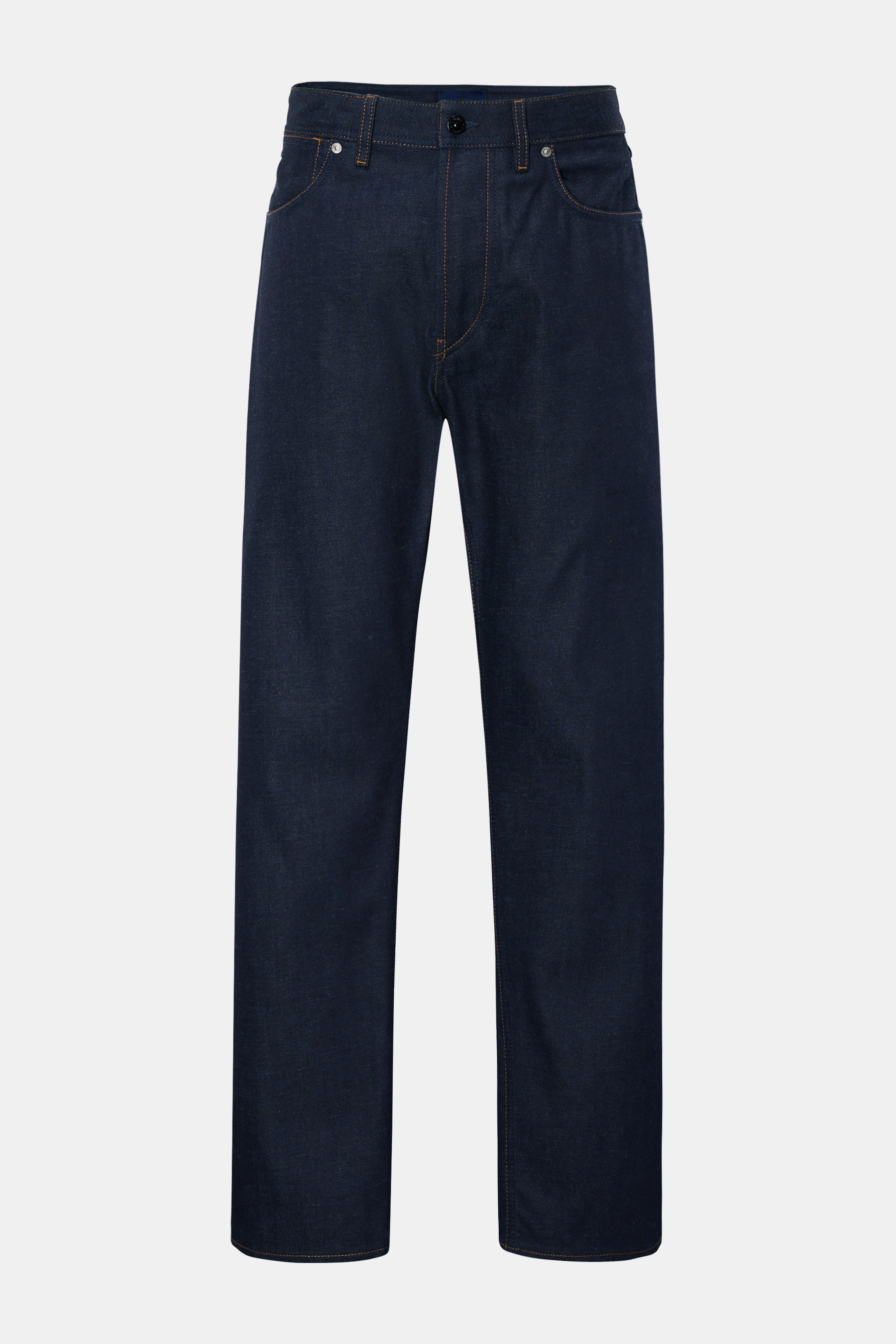 Front view of Stone Island Jeans 'Selvedge Indigo Denim - Raw' navy, straight fit with button fly, five-pocket style, and compass badge on waistband, made from raw selvedge denim cotton.