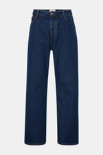 Frontansicht der Ami Paris Jeans 'Large Fit' dunkelblau aus reinem Baumwoll-Denim, Loose Fit, gerader Schnitt, Button Fly, Five-Pocket-Stil, Logo-Patch.