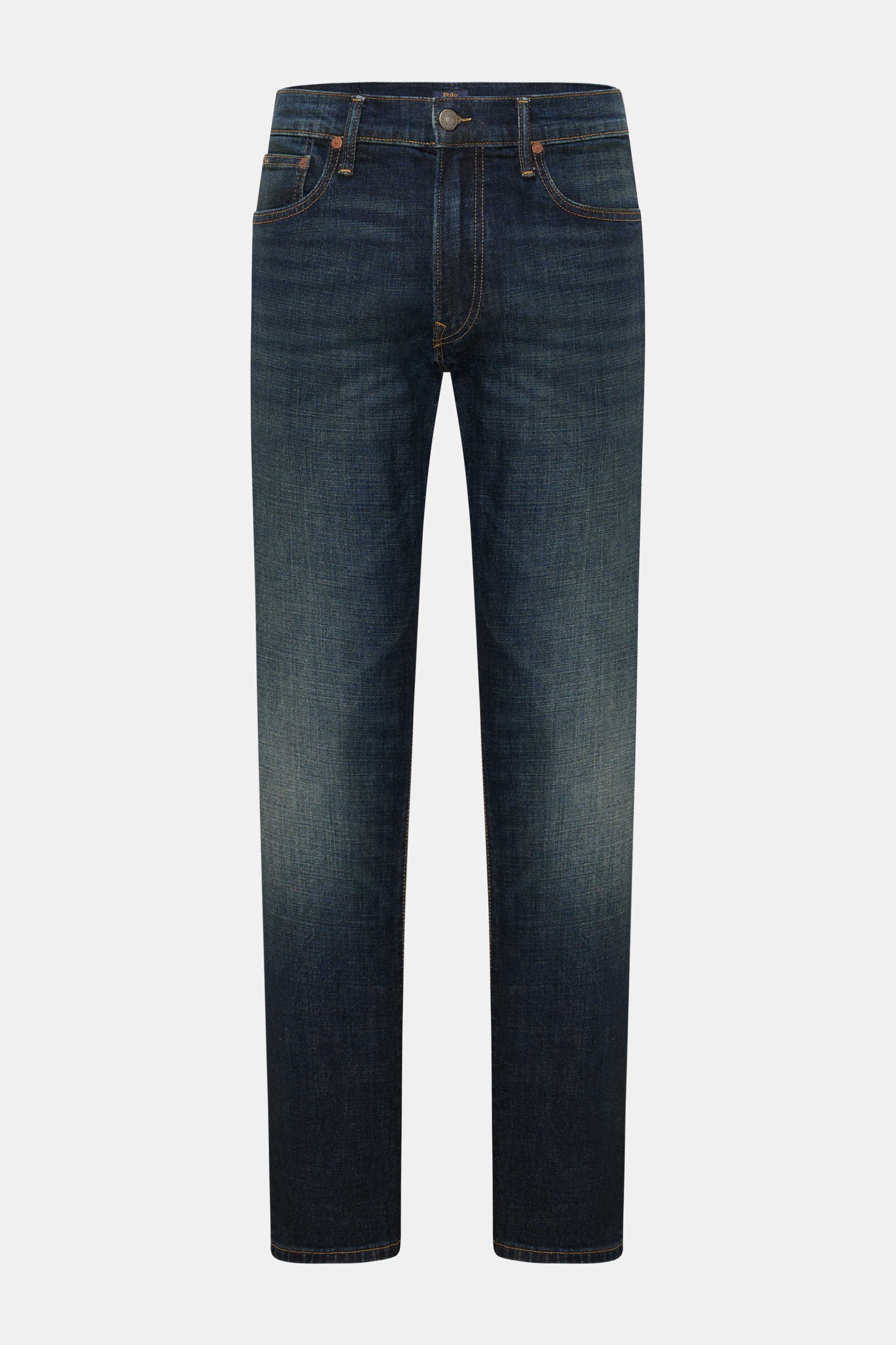 Frontansicht einer Polo Ralph Lauren Jeans dunkelblau mit elastischem Denim, Used-Waschung, Regular Fit, Zip Fly und Five-Pocket-Stil.
