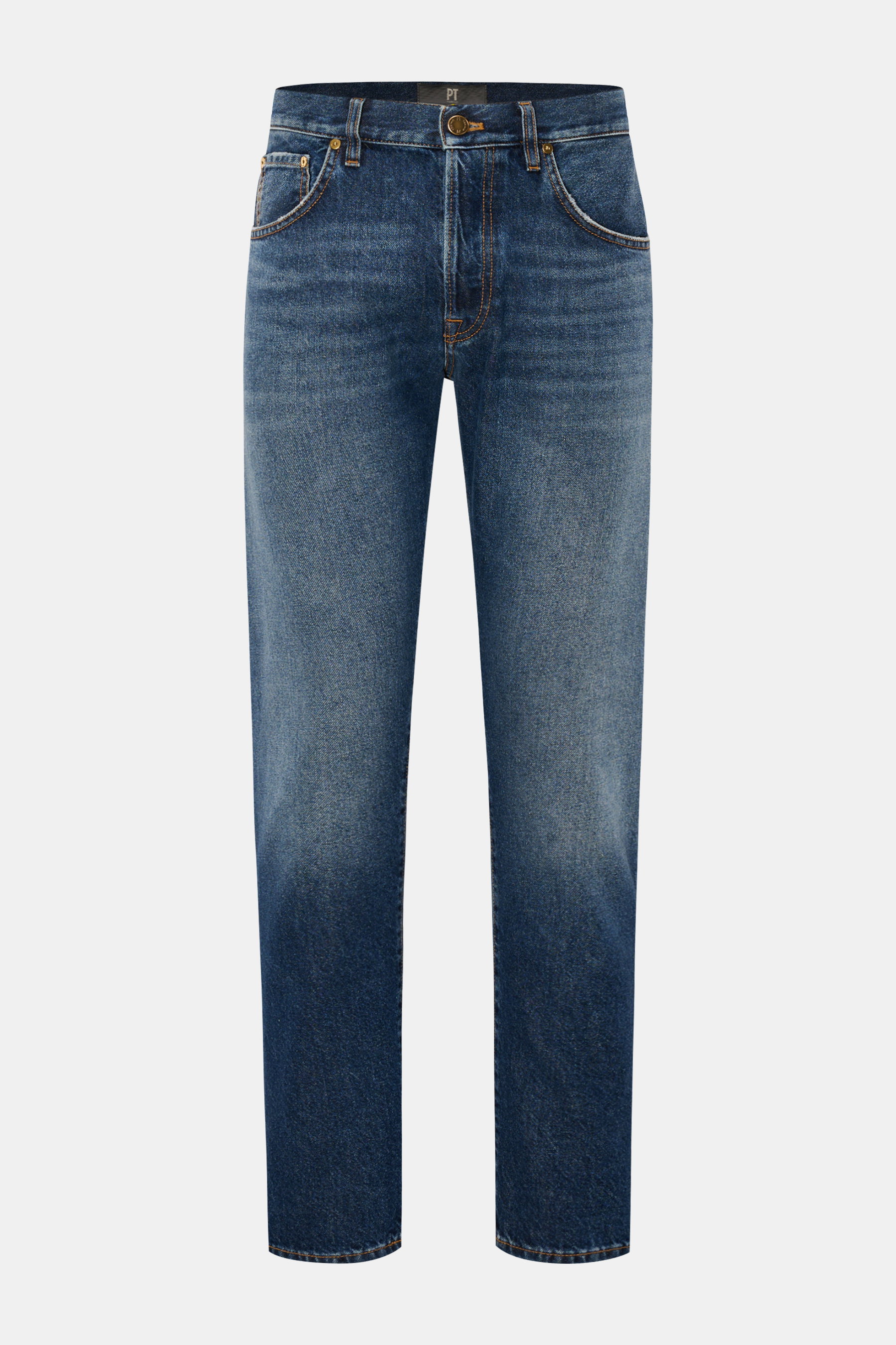 PT Torino Denim Jeans 'Breakbeat' dunkelblau, frontal fotografiert, Slim Fit, sehr schmal zulaufend, Denim aus reiner Baumwolle, weicher Griff, authentische Used-Waschung, leichte Distressed-Effekte, Button Fly, Five-Pocket-Stil, Leather Patch.