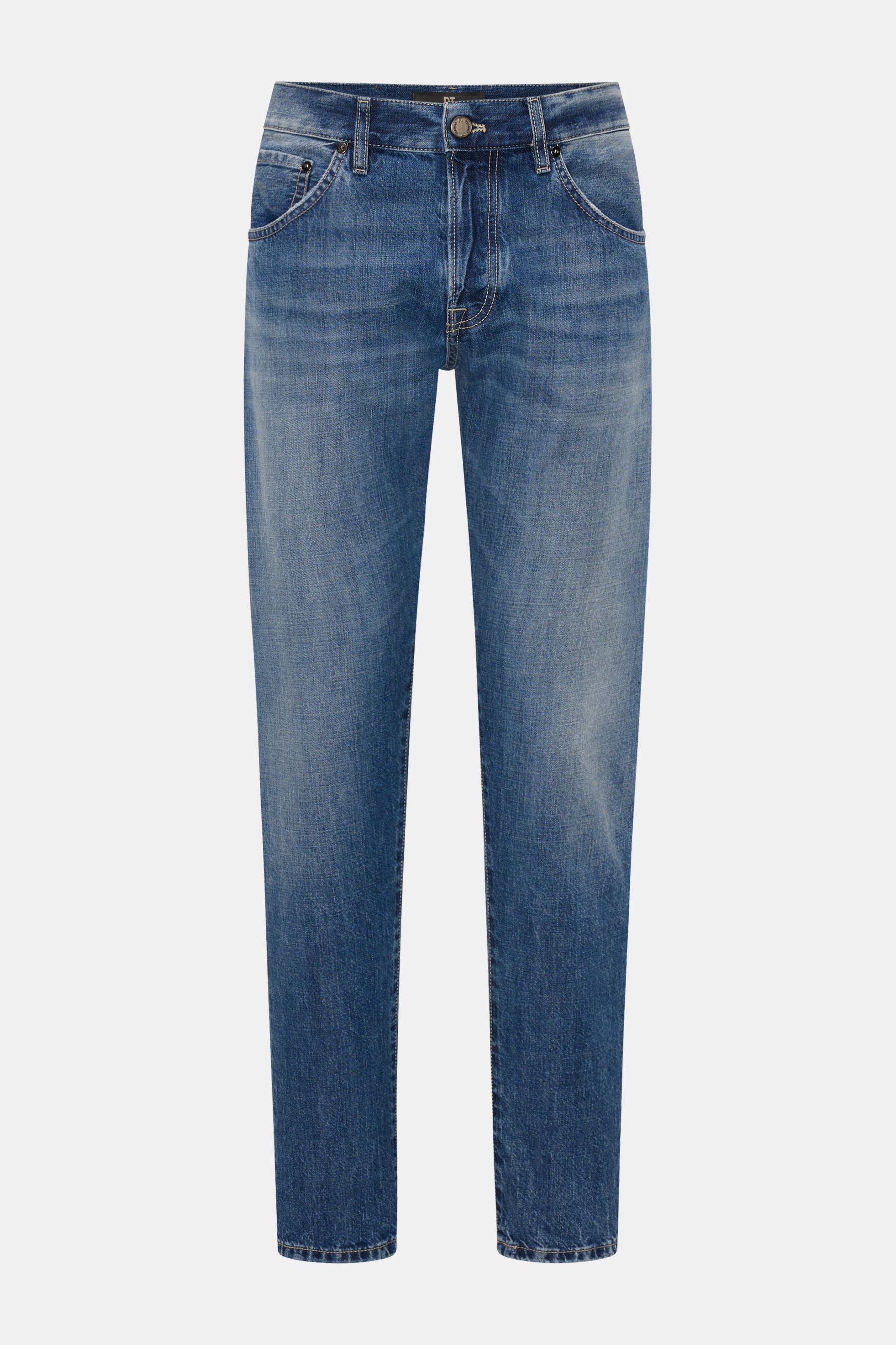 PT Torino Denim Jeans 'Breakbeat' graublau, Frontansicht, Slim Fit, reine Baumwolle, weicher Griff, Used-Waschung, leichte Distressed-Effekte, Button Fly, Five-Pocket-Stil, Leather Patch.
