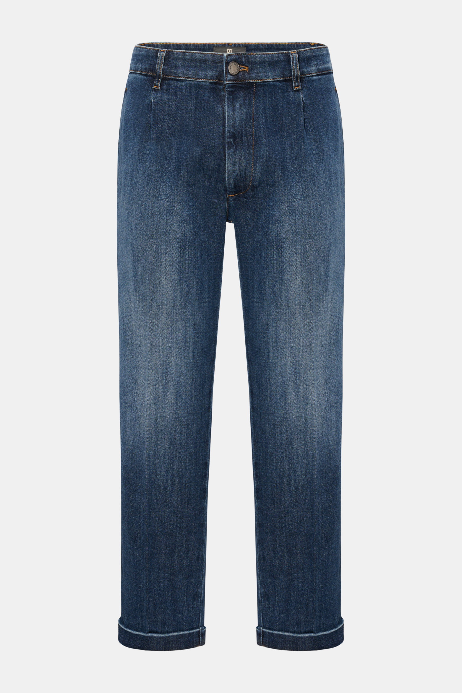 PT Torino Jeans 'Lord' dunkelblau, knöchellang, gerader Schnitt mit Bundfalten, Taschen seitlich und hinten, fixierter Saumaufschlag, Frontansicht.