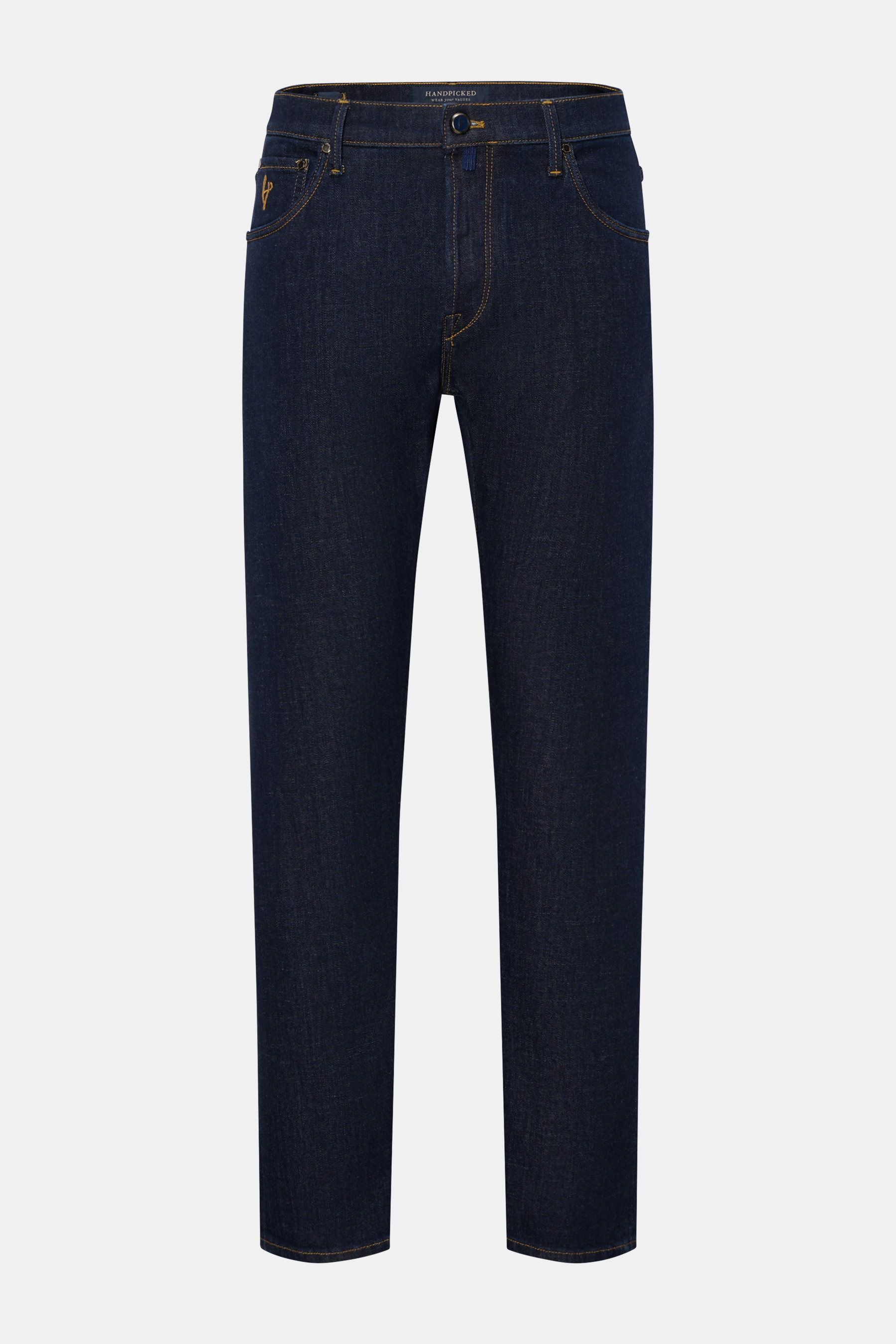 HandPicked Jeans 'Verona' navy, frontale Ansicht, Denim aus Baumwolle mit leichtem Stretch, Tapered Fit, kurzer Schnitt, Button Fly, Five-Pocket-Stil, Leather Patch, weicher Griff, echtes Indigo.