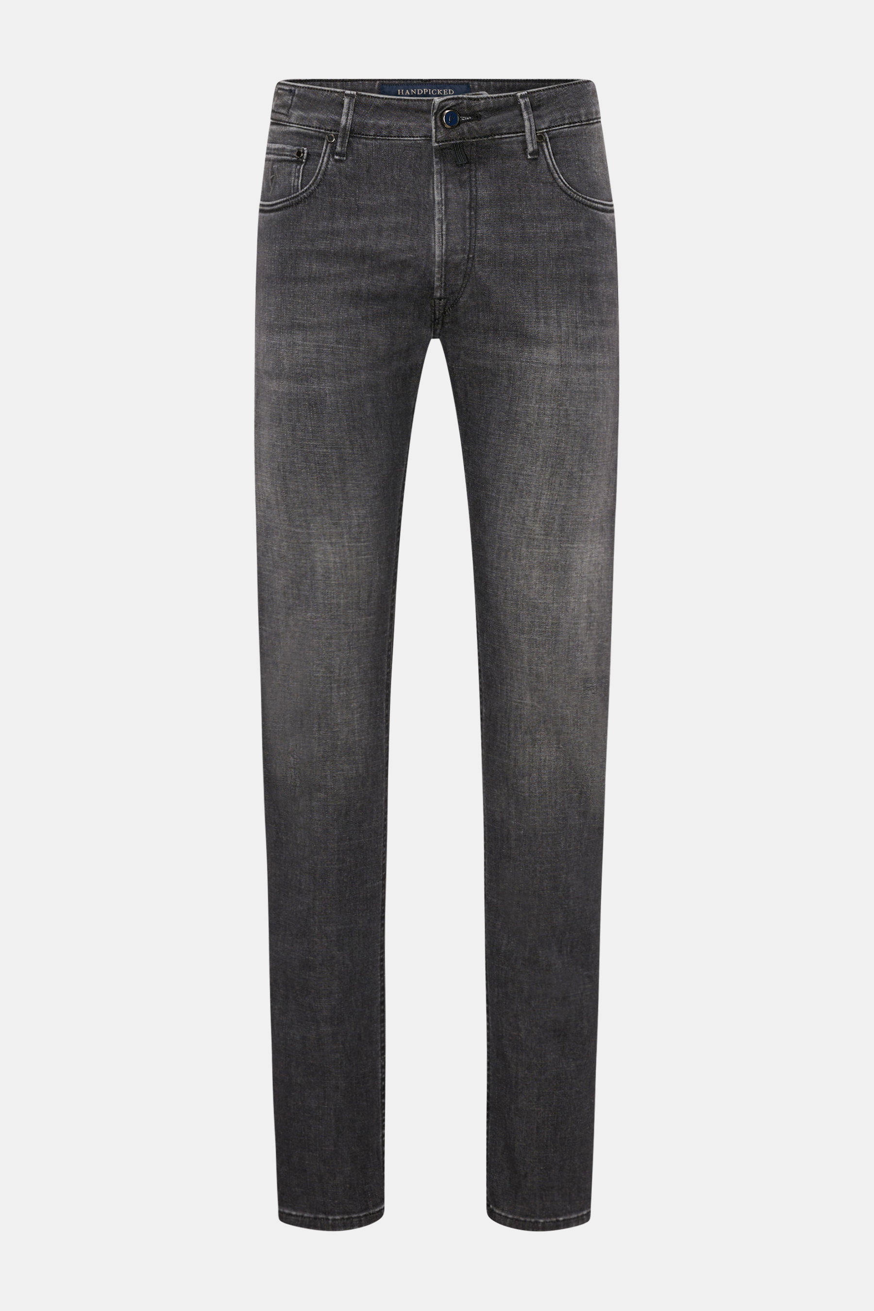 HandPicked Jeans 'Ravello' dunkelgrau, frontale Ansicht, Slim Fit, elastisch, Baumwolle/Microfaser, Used-Waschung, Button Fly, Five-Pocket, Münztasche mit Initial, Gesäßtaschen mit Stitching, Leather Patch, weicher Griff.