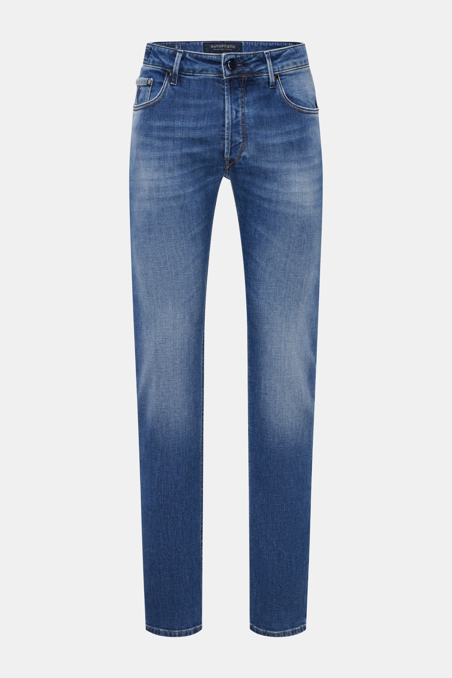 HandPicked Jeans 'Ravello' graublau, extra schmal, elastisch, weicher Griff, dezente Used-Waschung, Button Fly, Five-Pocket-Stil, frontal fotografiert.