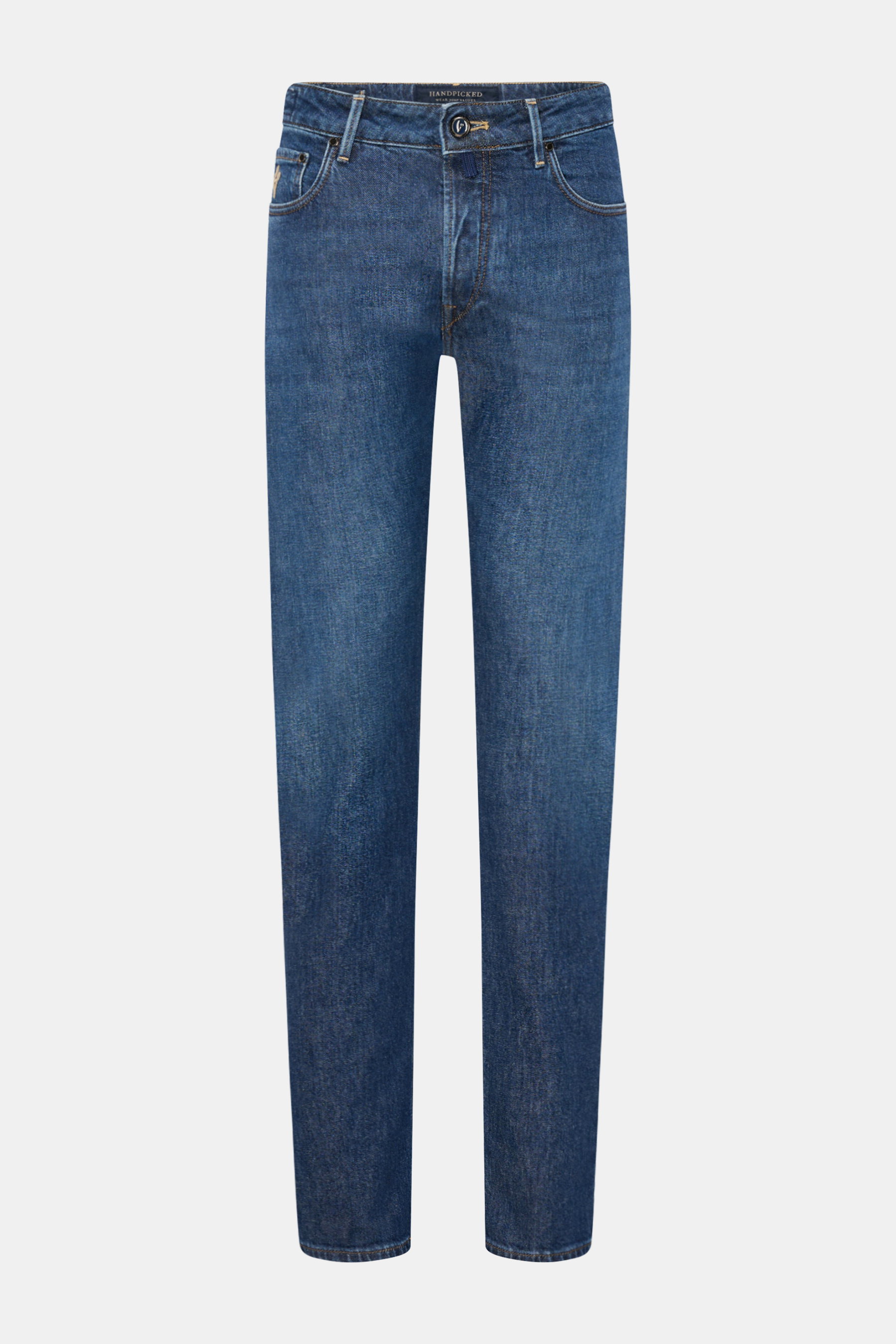 HandPicked Jeans 'Ravello' dunkelblau, frontale Ansicht, extra schmal, Baumwolle mit leichter Elastizität, dezente Used-Waschung, Five-Pocket-Stil, Button Fly, Leather Patch.