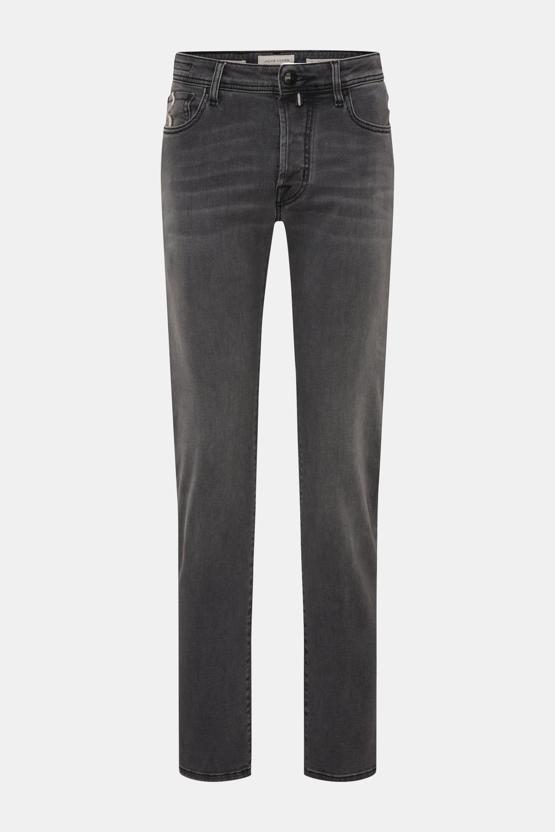 Jacob Cohen Jeans 'Bard' dunkelgrau, Slim Fit, Button Fly, Five-Pocket-Stil, elastisch, leichte Used-Waschung, frontal fotografiert.