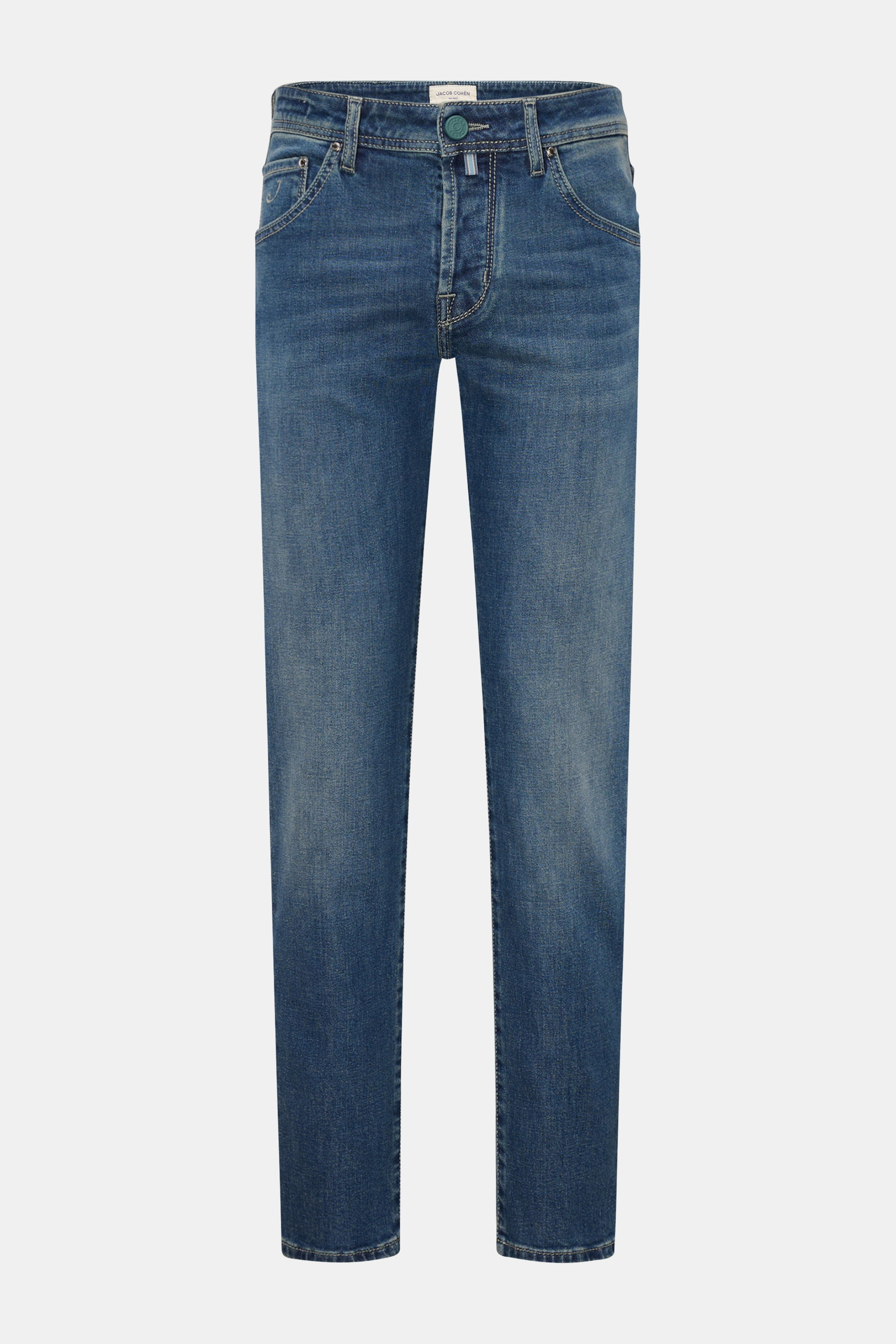 Jacob Cohen Jeans 'Scott' graublau, frontale Ansicht, Slim Fit, knöchellang, hoher Bund, Denim aus Baumwolle/Lyocell, Used-Waschung, elastisch, weicher Griff, Button Fly, Five-Pocket, Münztasche mit Initial, Gesäßtaschen mit Stitching, Samt Leather Patch.