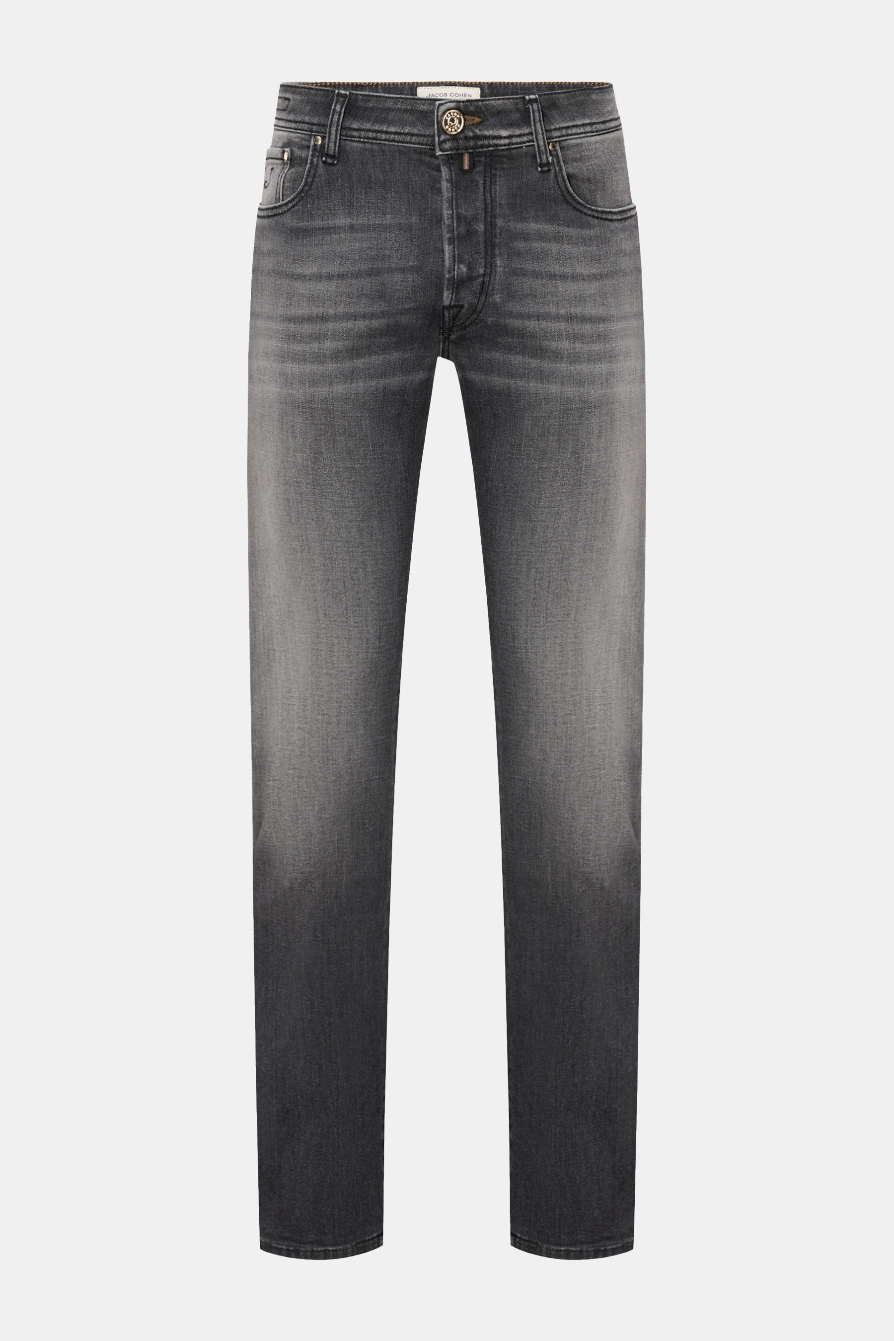 Jacob Cohen Jeans 'Bard' grau, Frontansicht, Slim Fit, schmal zulaufend, Denim aus reiner Baumwolle, elastisch, weich, Used-Waschung, Button Fly, Five-Pocket-Stil, Münztasche mit Initial, Gesäßtaschen mit Stitching, Leather Patch.